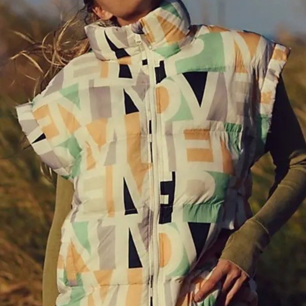 Free People Movement In A Bubble Printed Puffer Vest Blocked Logo Assorted M NWT